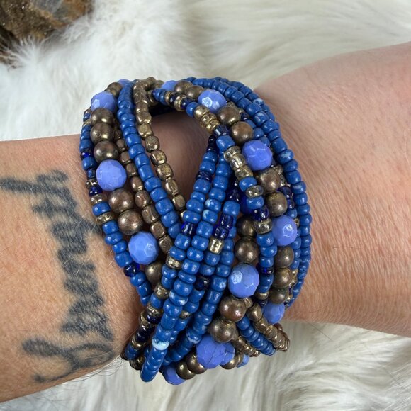 Blue Glass & Brown Bead Wrap Wide Cuff Bracelet - Picture 5 of 7